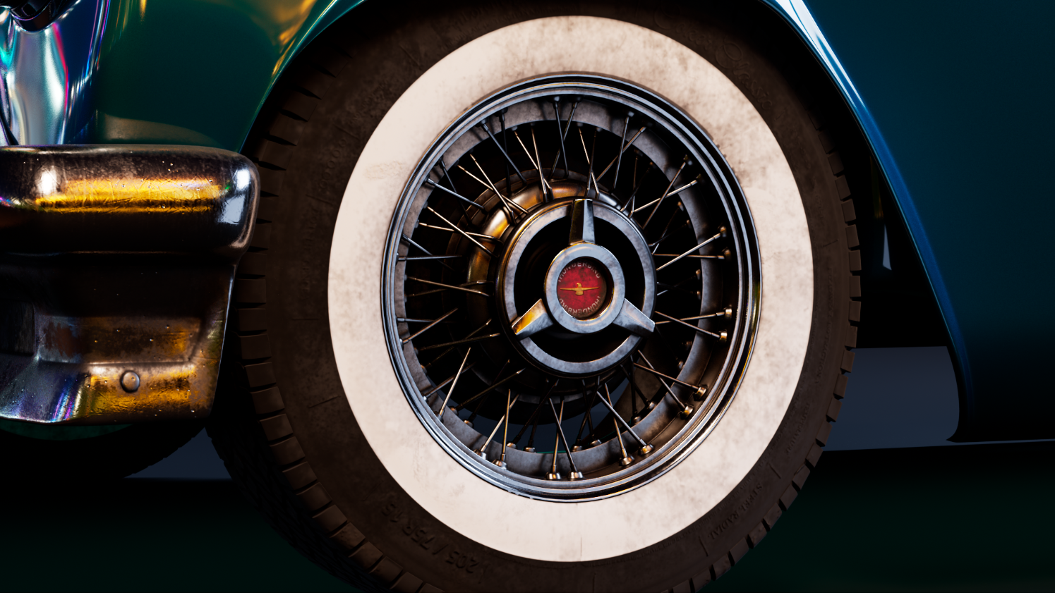 Macro render of the wire-spoke wheel with whitewall tire and knock-off hub
