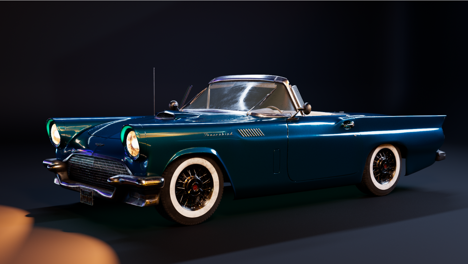 1957 Ford Thunderbird rendered in three-quarter view, teal metallic paint under studio lighting