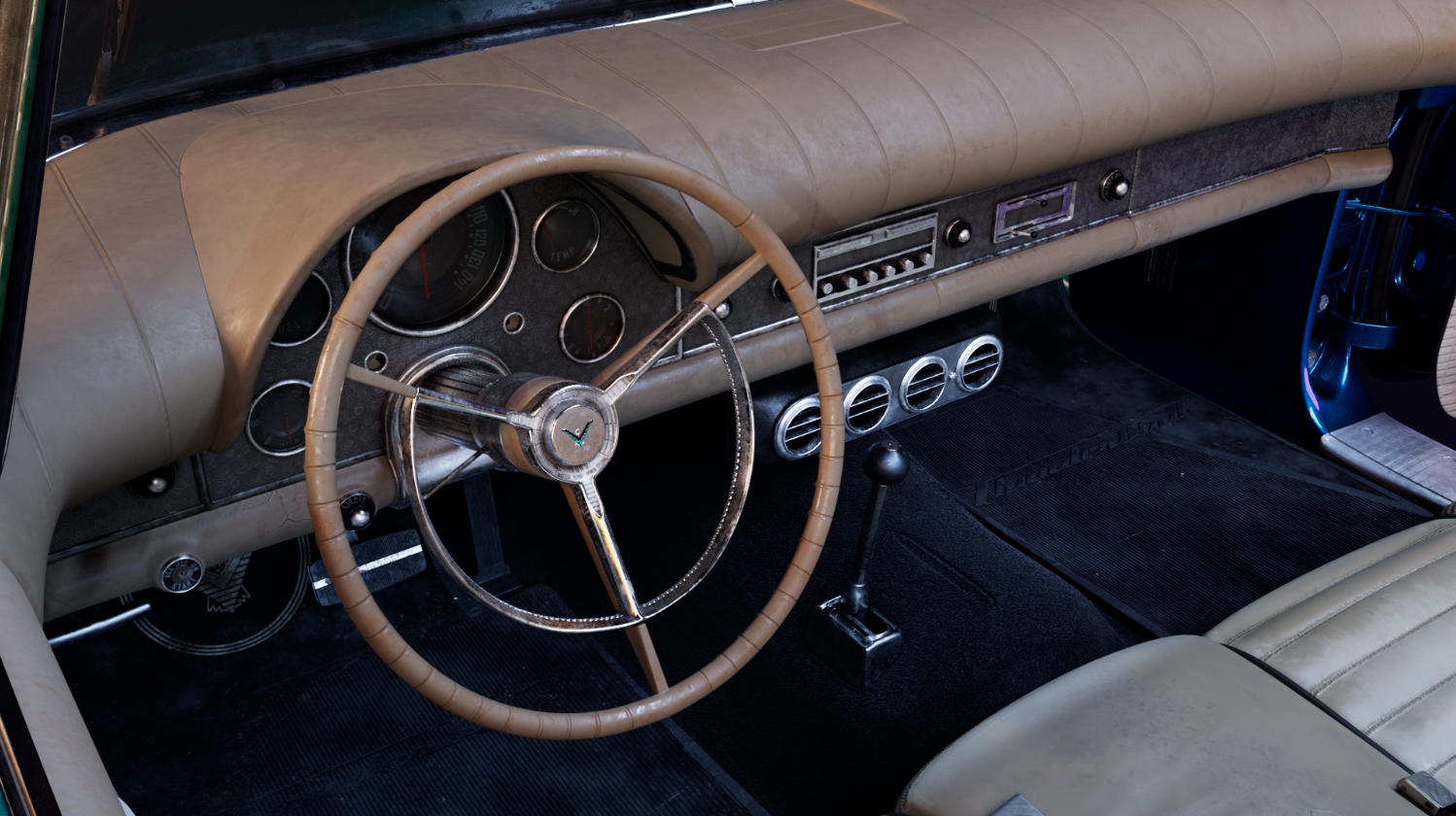 Angled interior render of the dashboard and shifter from the passenger side